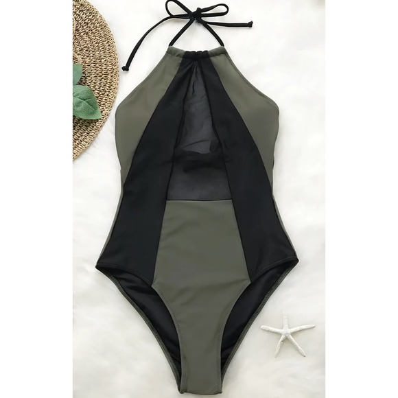 Cupshe Olive Green Black Mesh Colorblock Halter One Piece Swimsuit Cutout Back L - Picture 3 of 5